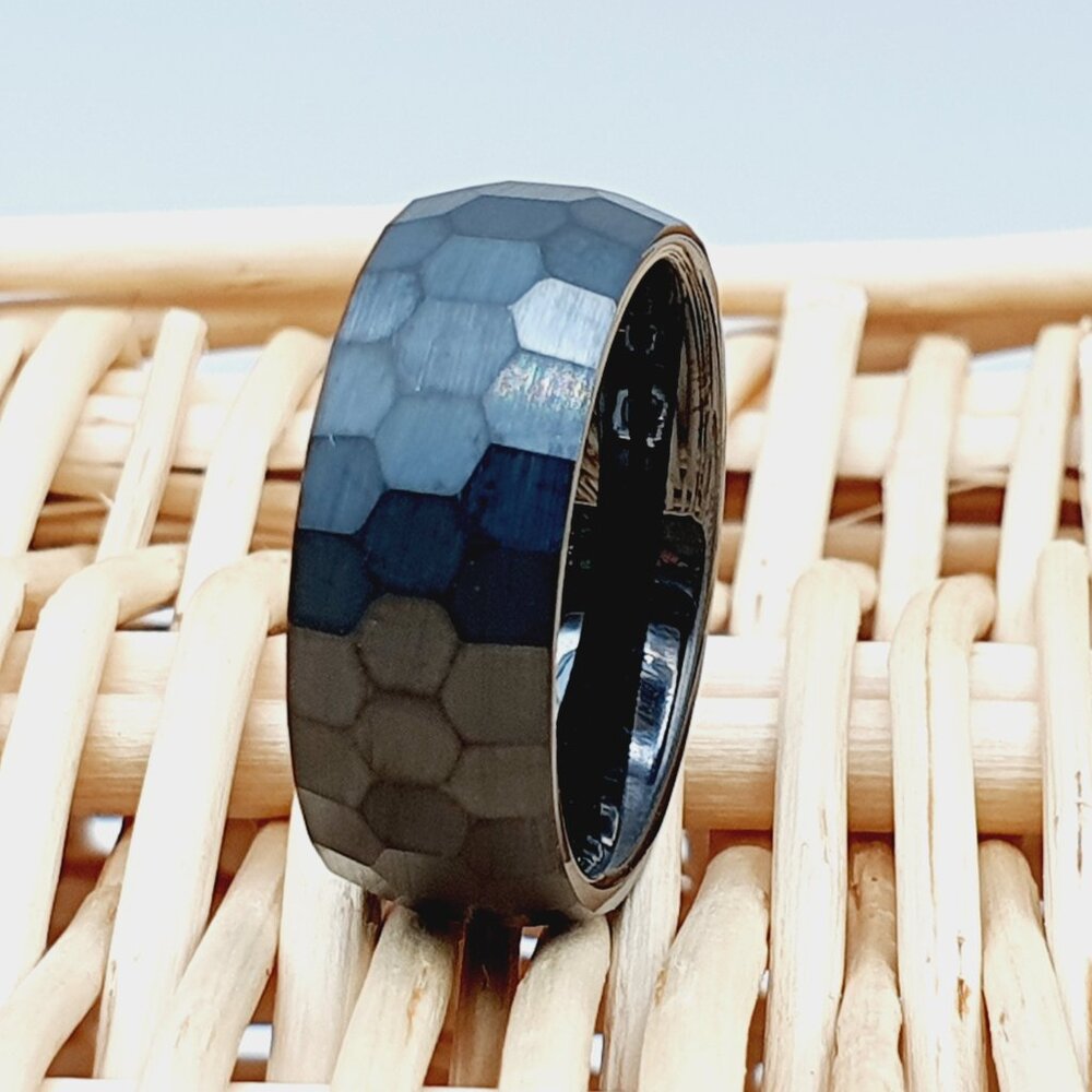 Black Hammered Tungsten Carbide Ring Unisex Textured Wedding Band W627
